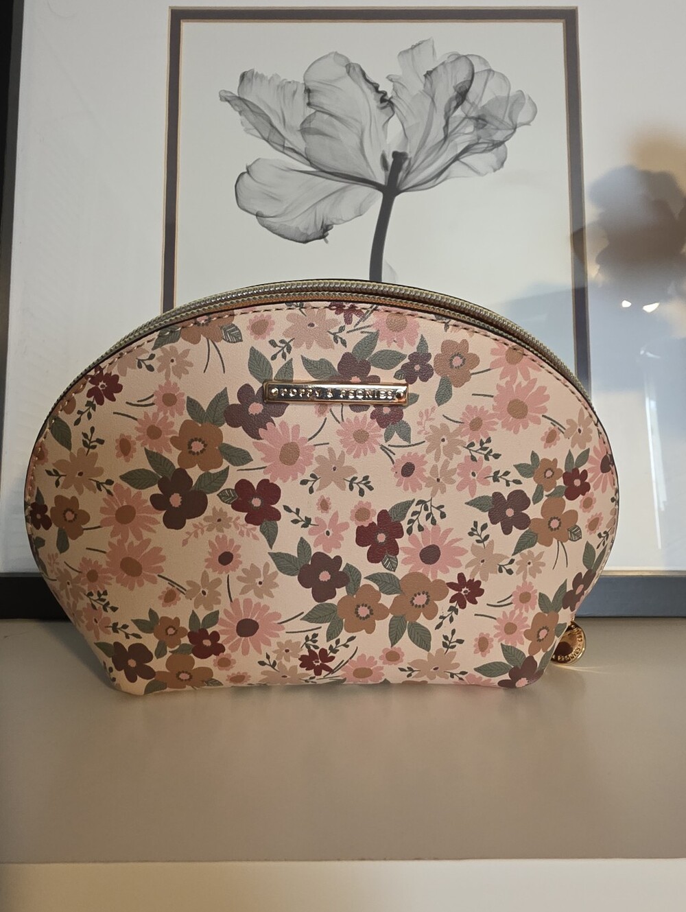 Floral (Fall) Cosmetic Pouch in Light Blush Pink | Tan | Burgundy